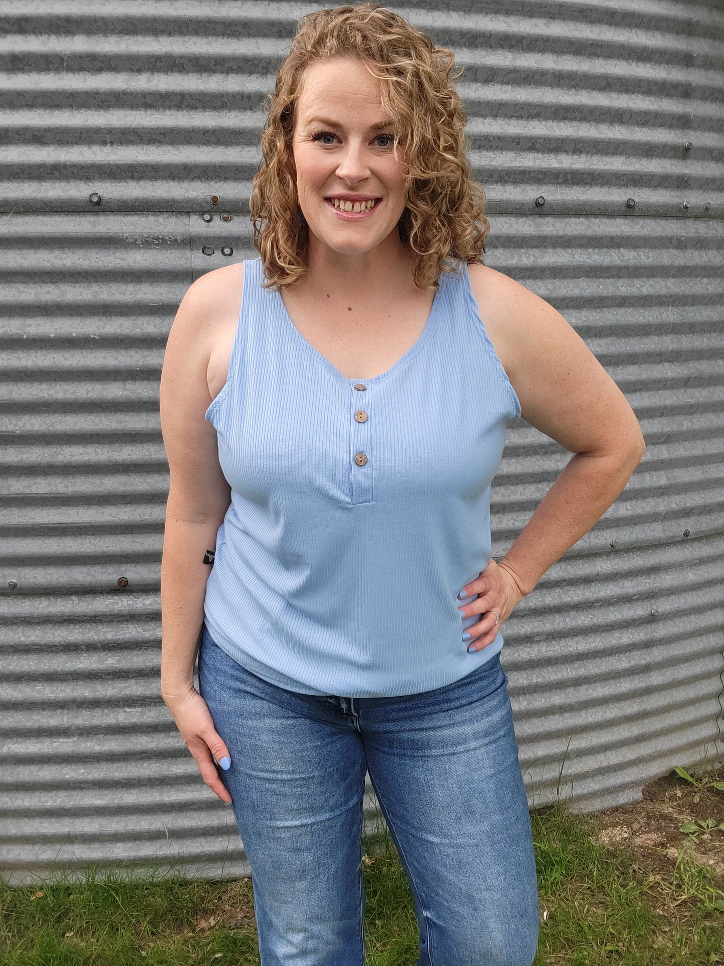 Blue Sleeveless Button Up Tank Top