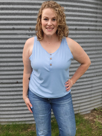 Blue Sleeveless Button Up Tank Top