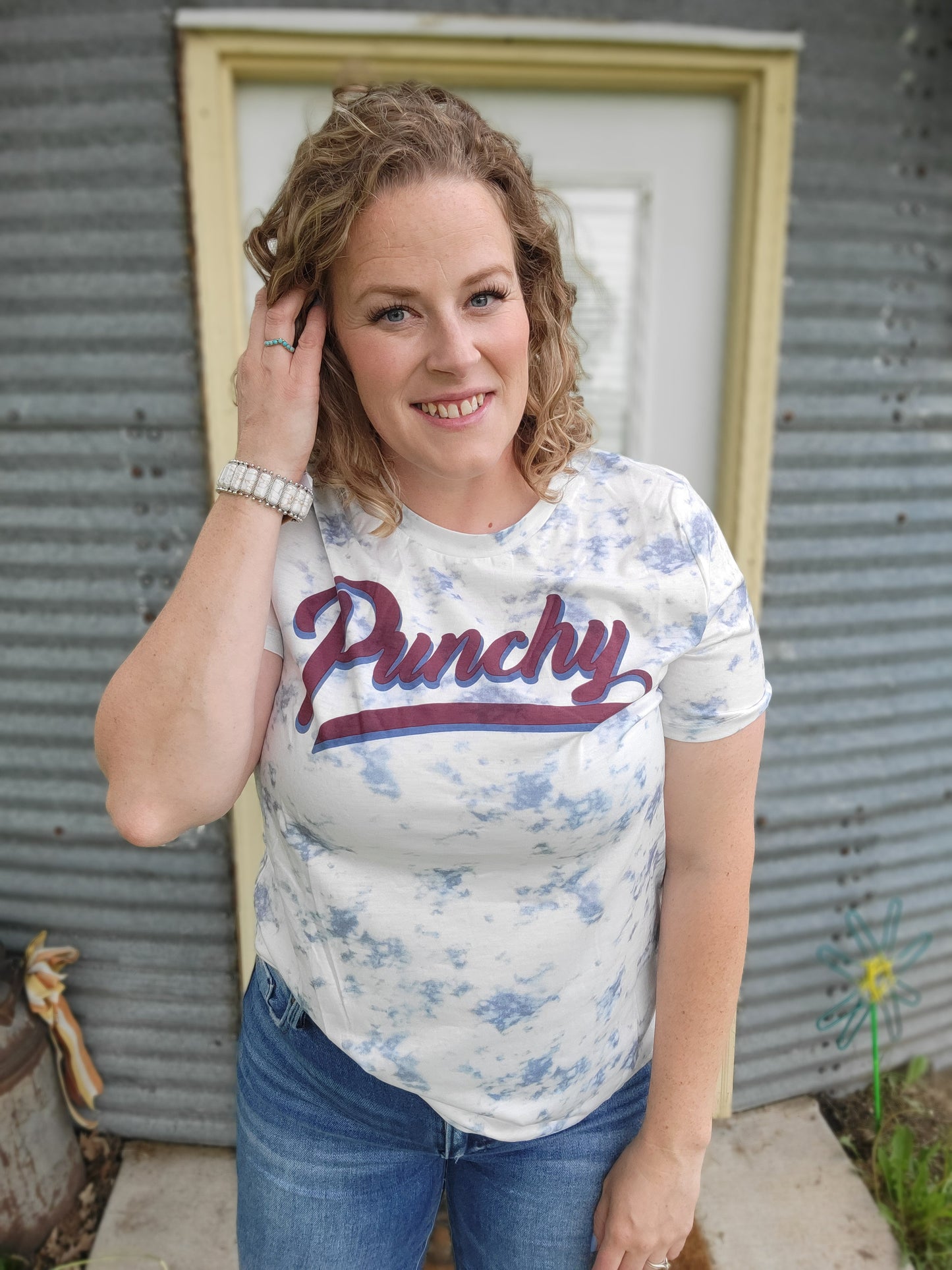 Maroon Punchy on White Marble Crew Neck Tee