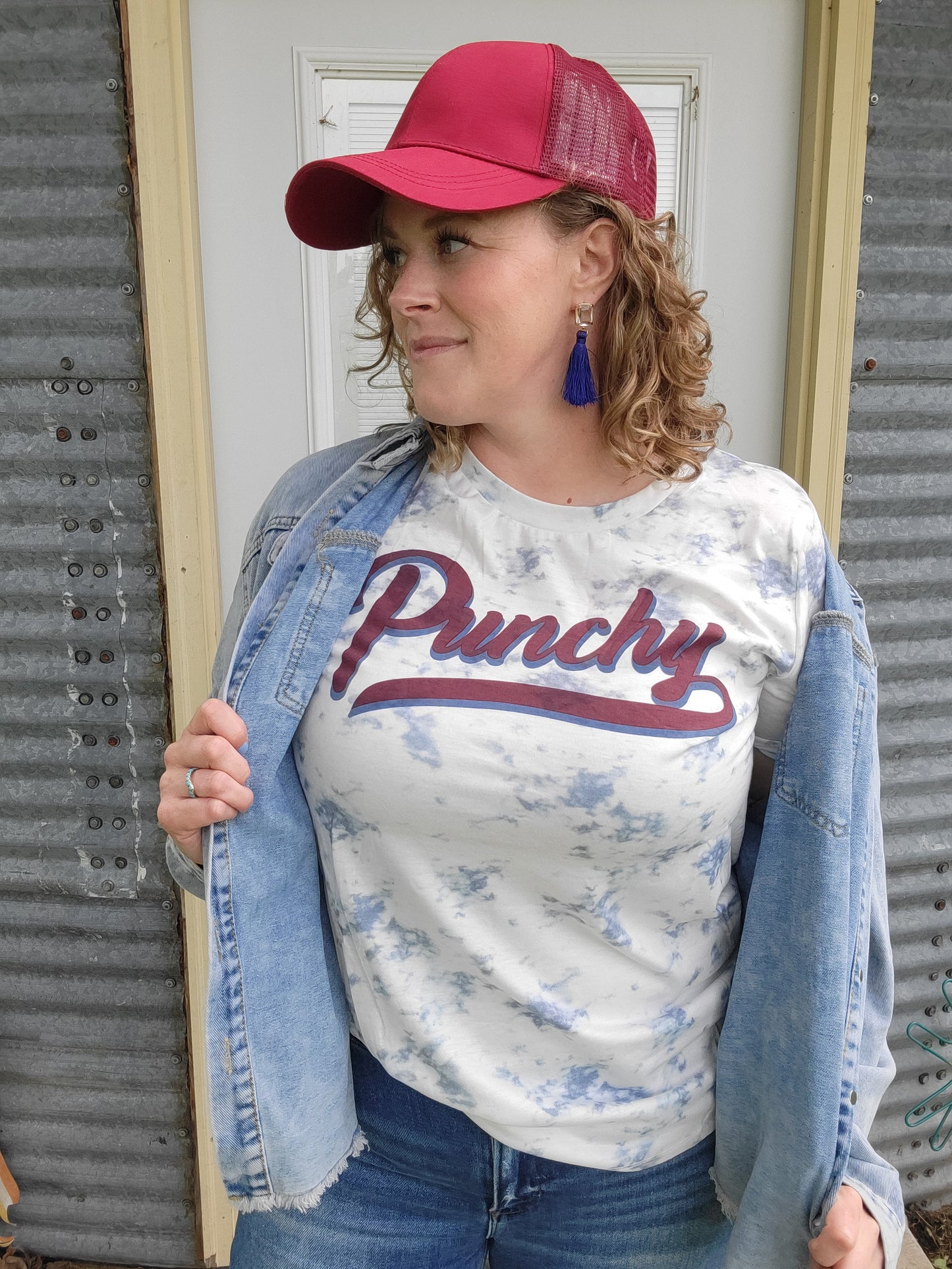 Maroon Punchy on White Marble Crew Neck Tee