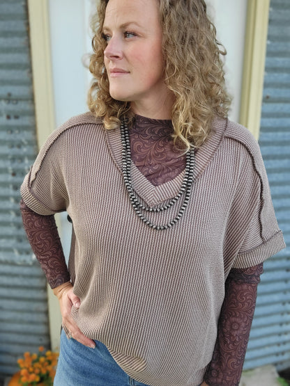 Corded Rib Short Sleeve V-Neck- Mocha