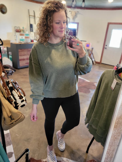 Acid Wash Oversized Pullover- Light Olive
