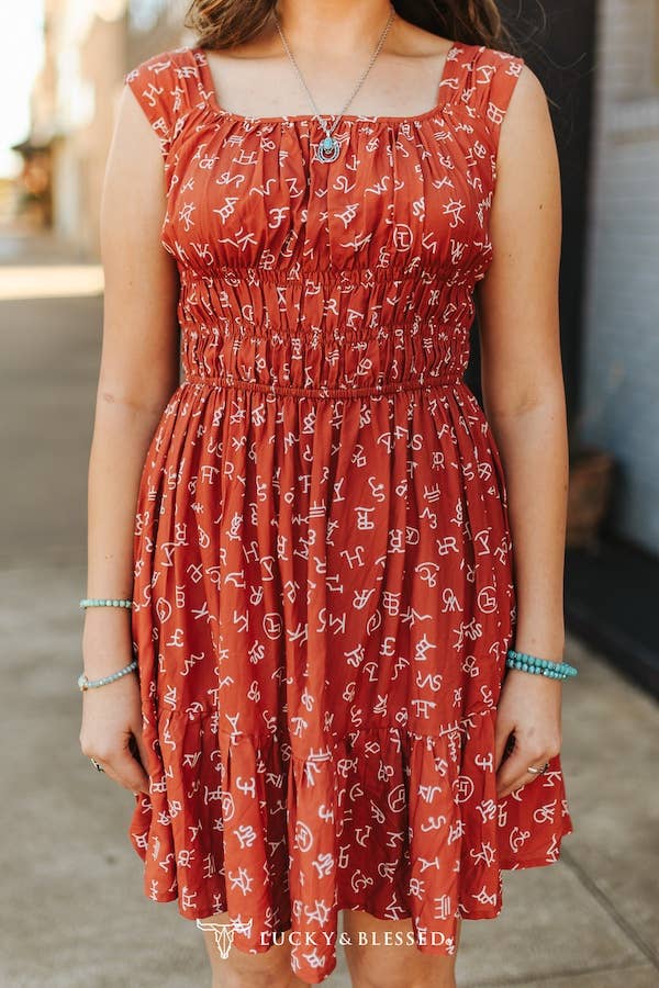 Rust Cattle Brand Flutter Dress