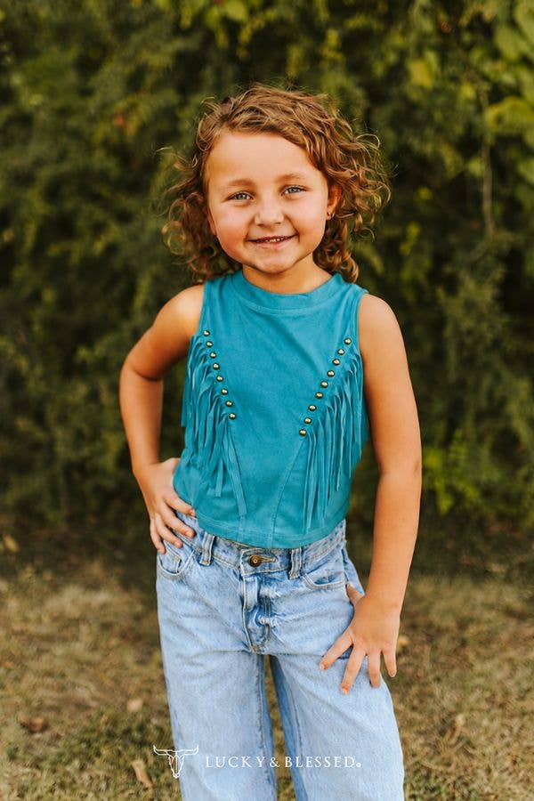 Girls Turquoise Suede Front Arch Fringe Top