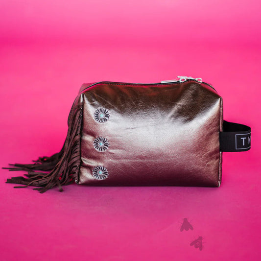 cosmetic bag with fringe silver