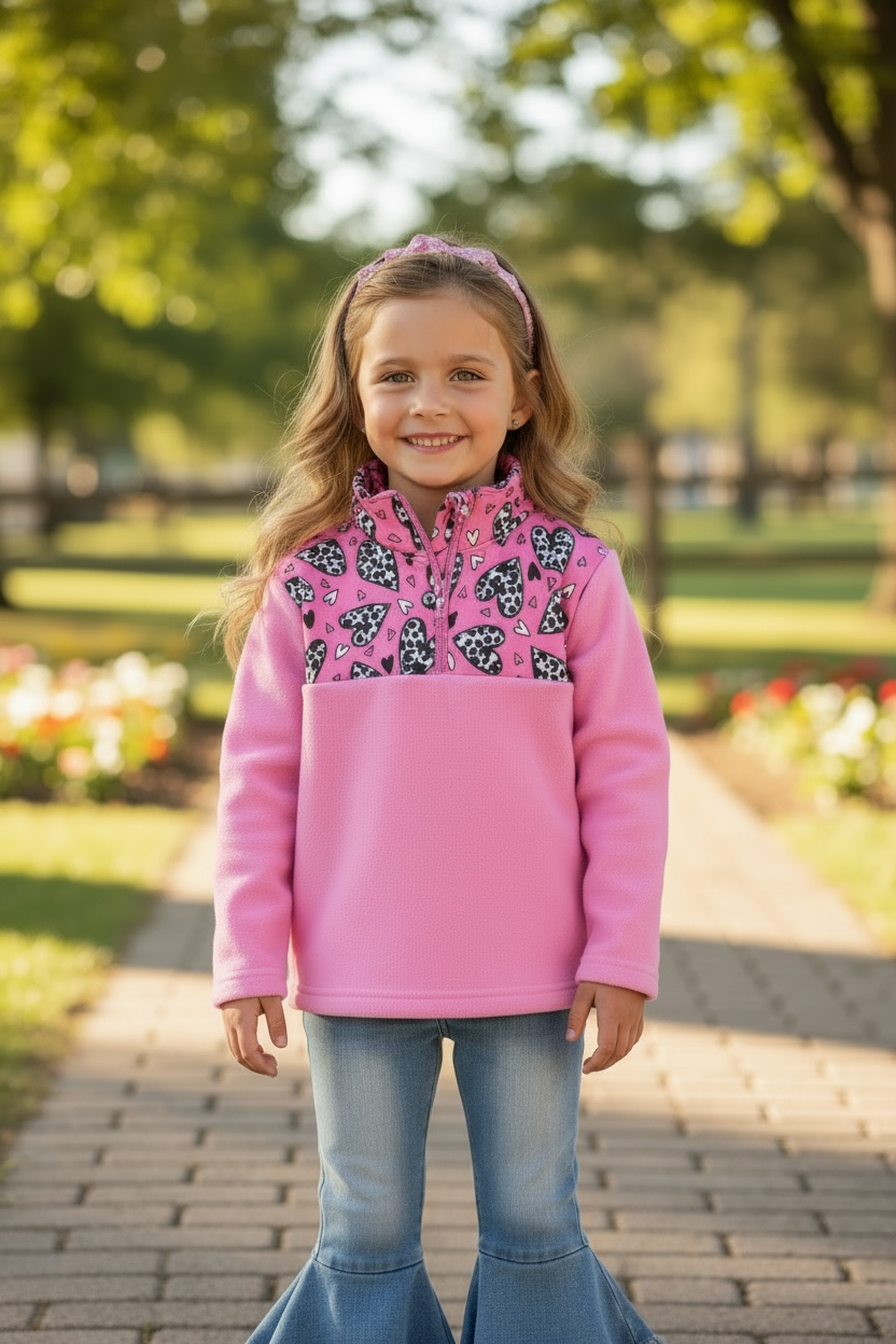 Girls Cow Hearts on Pink Pullover
