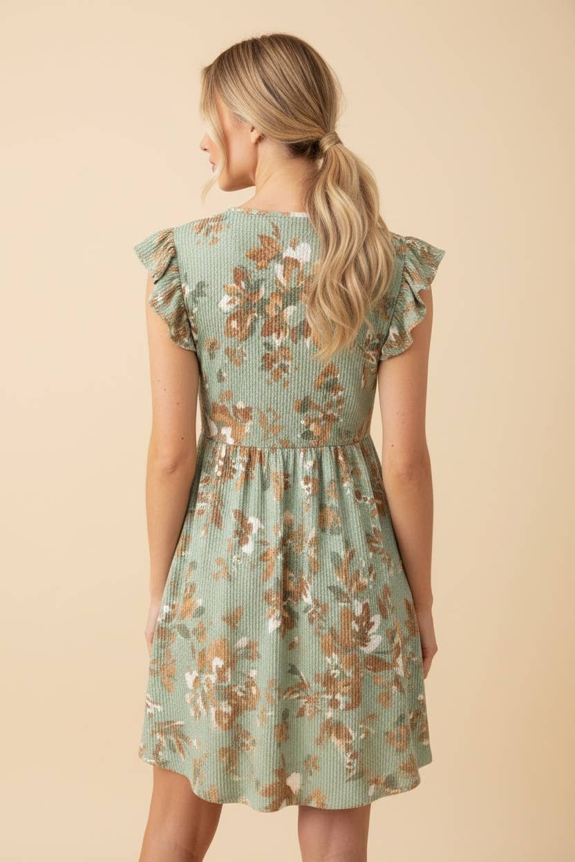 Floral Babydoll Dress with Flutter Sleeve - Green