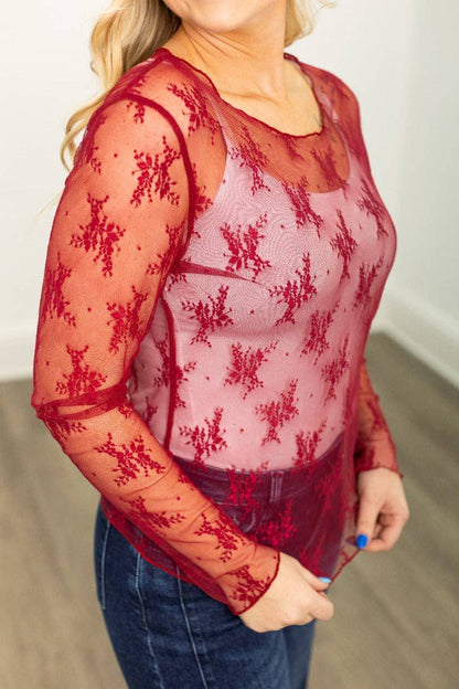 Mesh Long-sleeve Top, Red