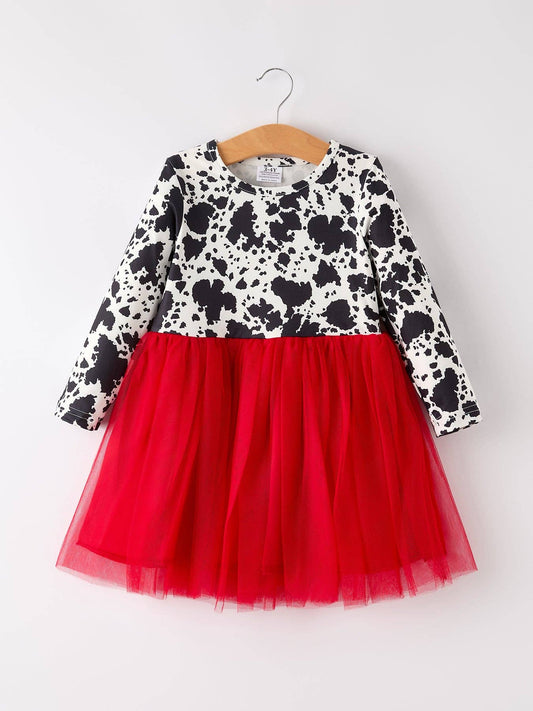 Girls Cow Pattern Long Sleeve Dress