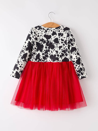 Girls Cow Pattern Long Sleeve Dress