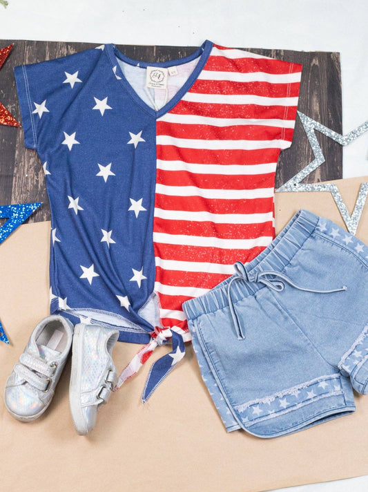 Girls patriotic stars and stripes short sleeve with front knot