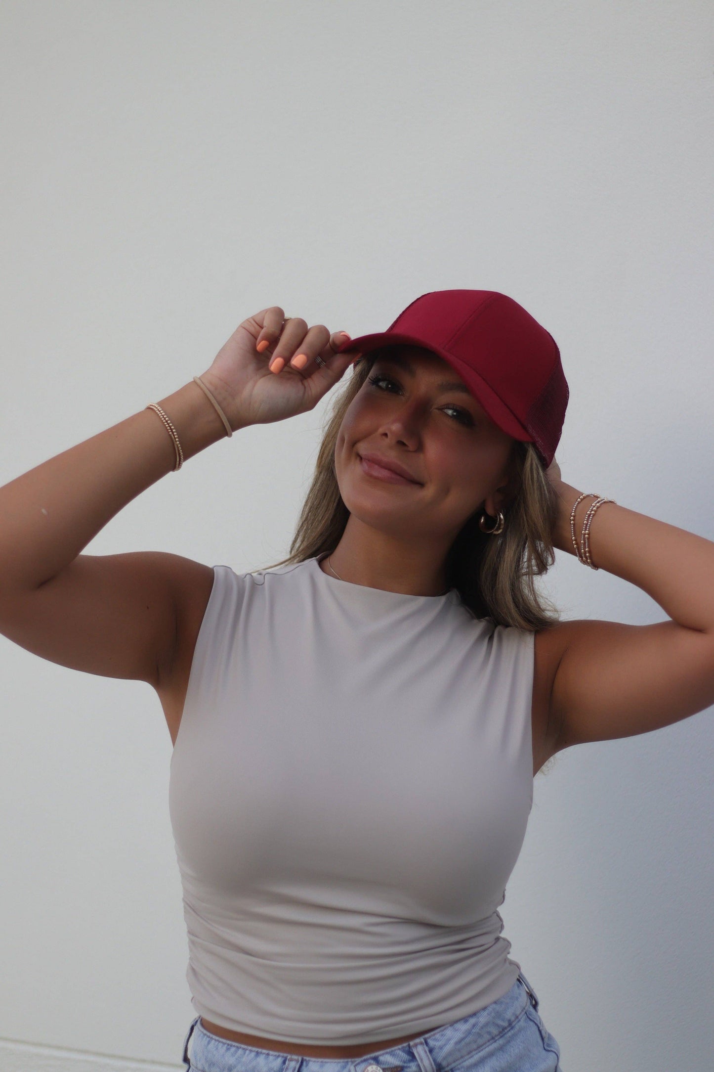 High Ponytail Baseball Hat with Mesh, Red