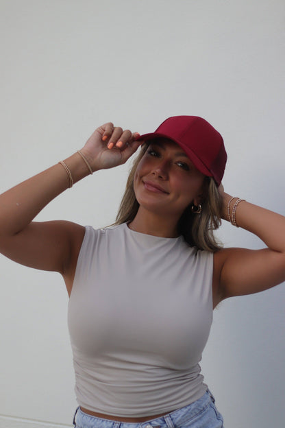 High Ponytail Baseball Hat with Mesh, Red