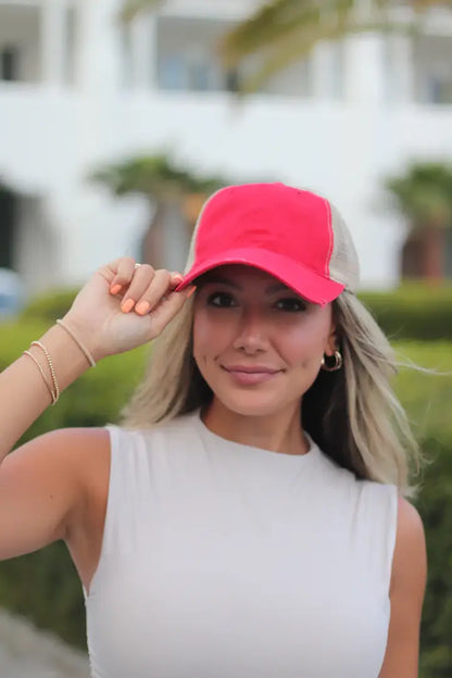Red High Ponytail Baseball Hat with Beige Mesh