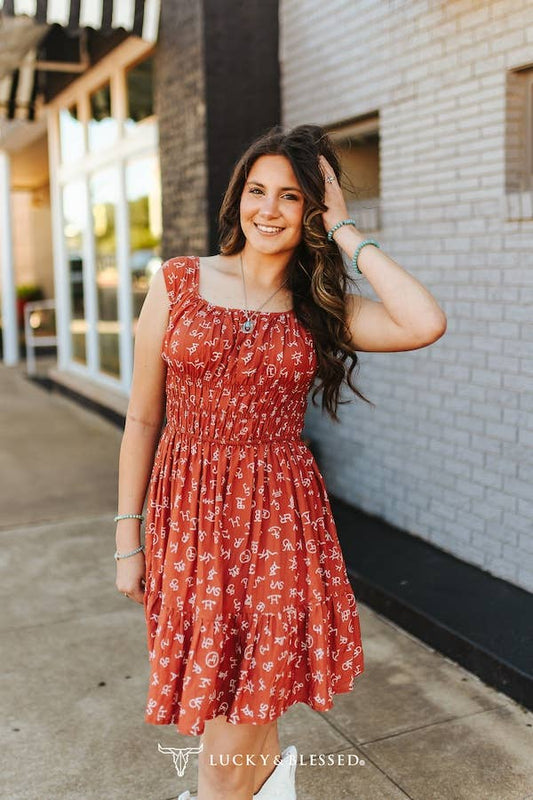 Rust Cattle Brand Flutter Dress