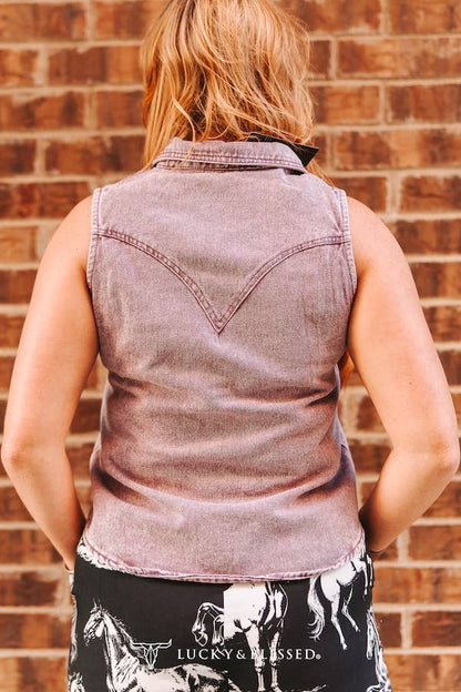 Lavender Denim Mineral Wash Sleeveless Pearl Snap Top