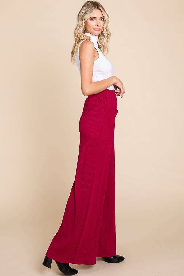 RUCHING FRILL WAIST WIDE PANTS - Magenta