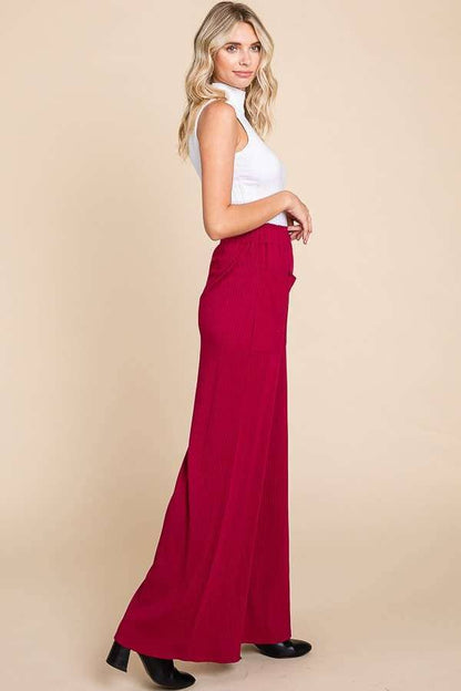 RUCHING FRILL WAIST WIDE PANTS - Magenta