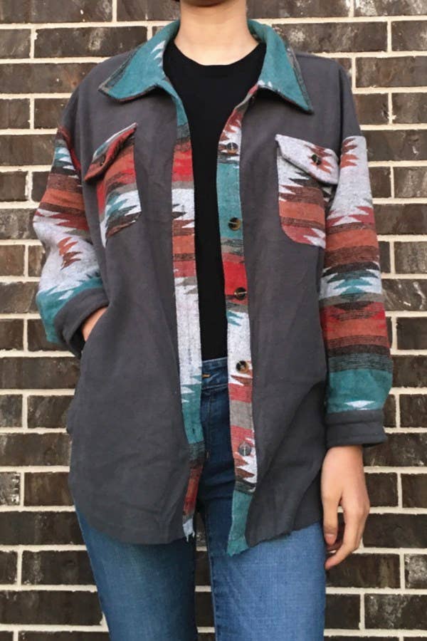 Aztec Print Shacket - Charcoal Gray