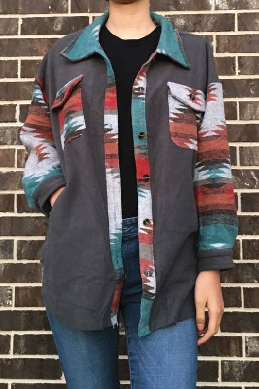 Aztec Print Shacket - Charcoal Gray