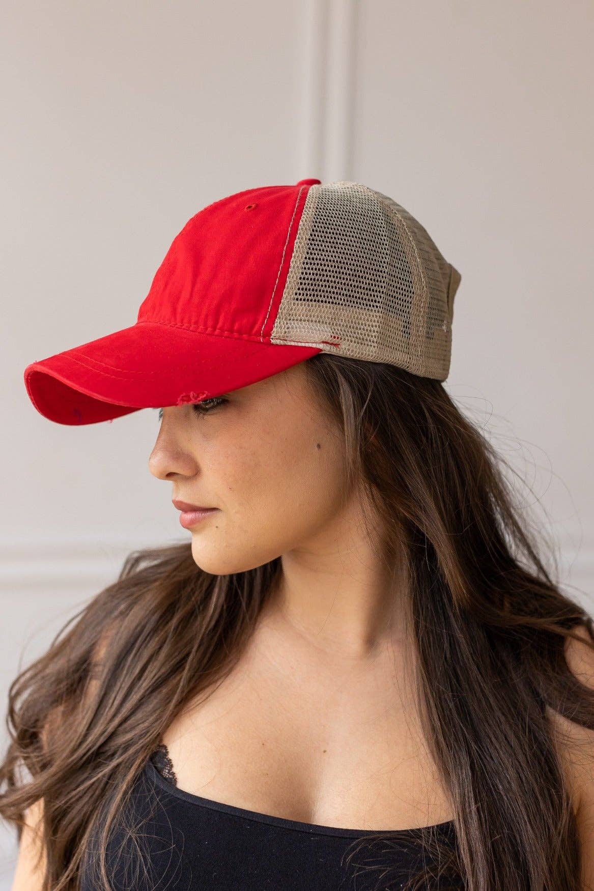 Red High Ponytail Baseball Hat with Beige Mesh