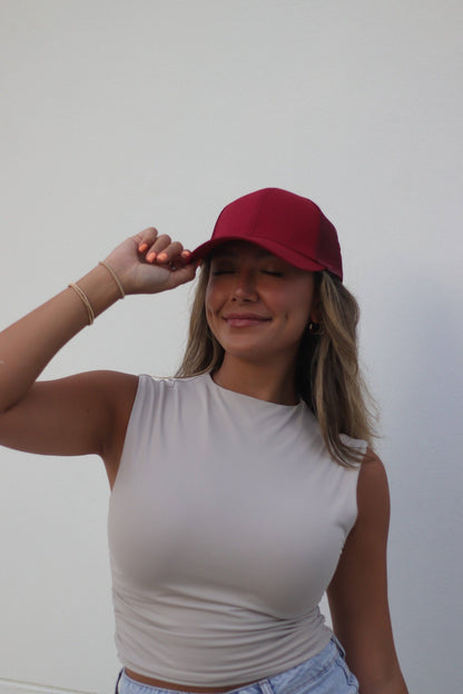 High Ponytail Baseball Hat with Mesh, Red