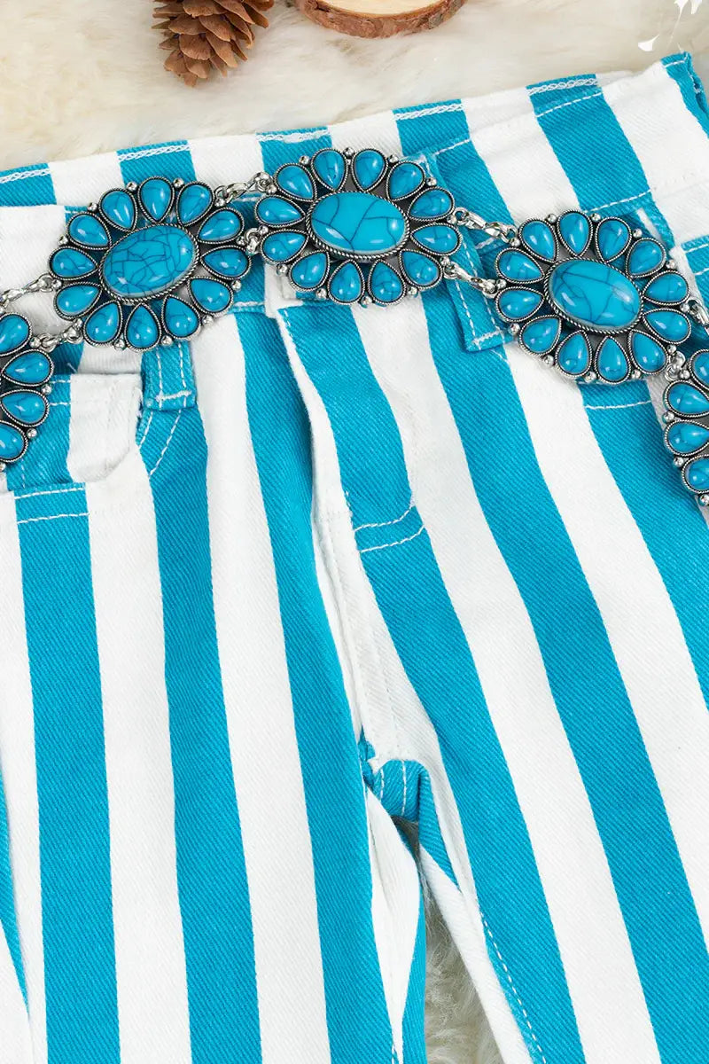 TURQUOISE STRIPE PRINTED BOOTCUT DENIM PANTS