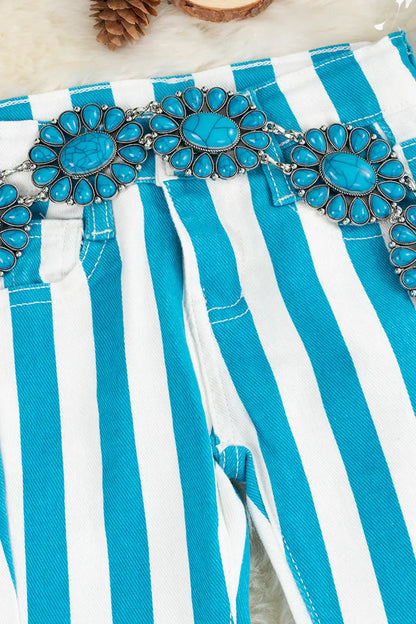 TURQUOISE STRIPE PRINTED BOOTCUT DENIM PANTS