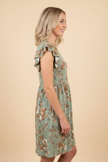 Floral Babydoll Dress with Flutter Sleeve - Green