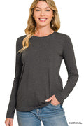 Cotton Crew Neck Long Sleeve Tee - Charcoal