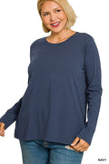 Cotton Crew Neck Long Sleeve Tee - Navy