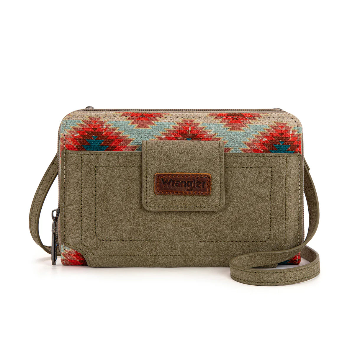 Wrangler Aztec Distressed Print Dual Sided Print Phone Wallet Crossbody-Green