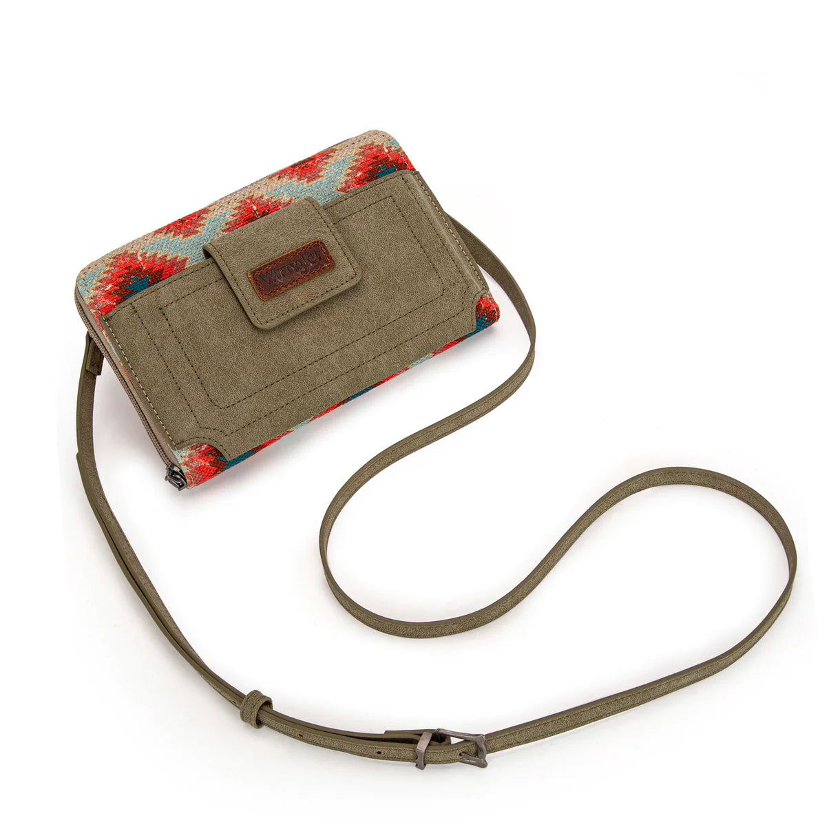 Wrangler Aztec Distressed Print Dual Sided Print Phone Wallet Crossbody-Green
