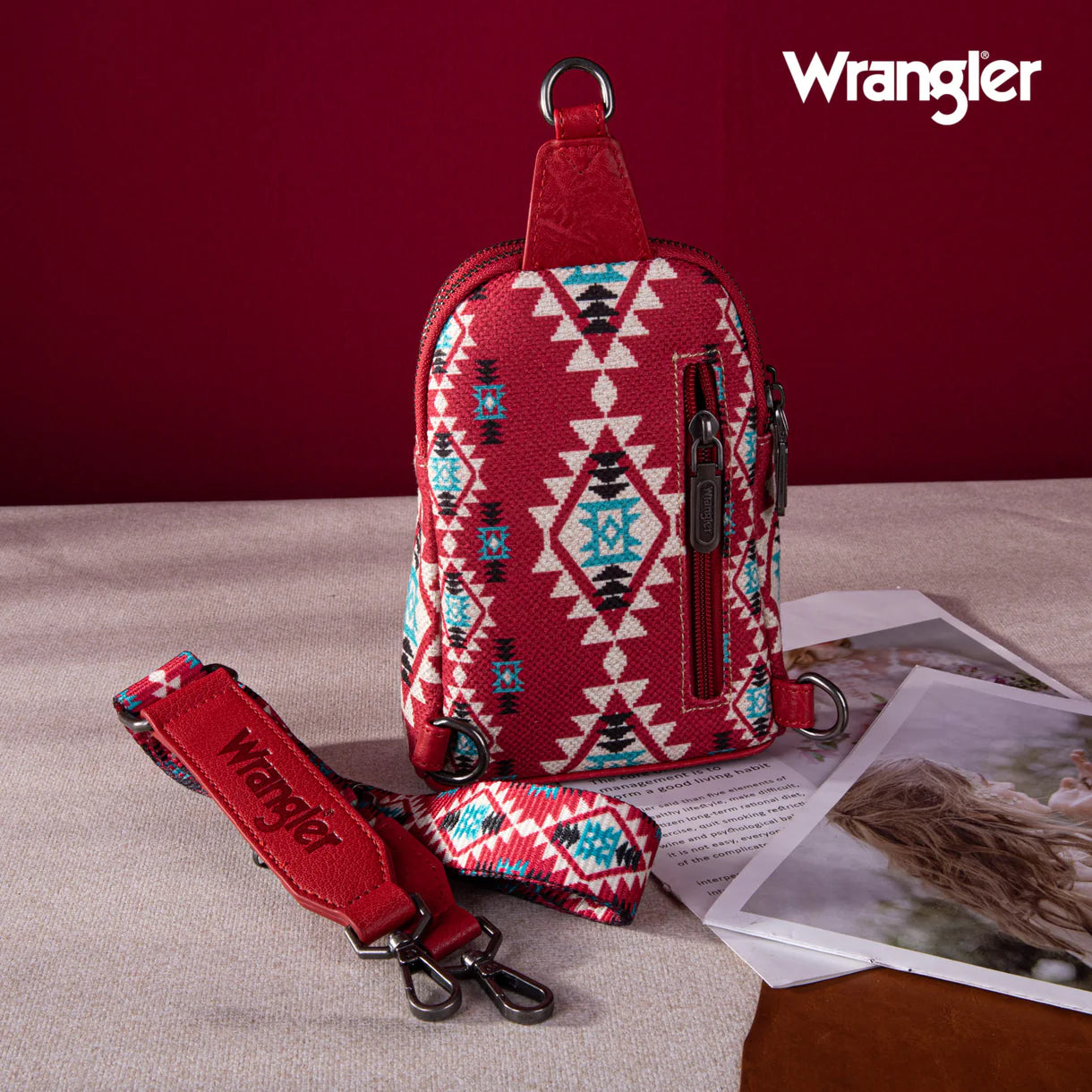 Wrangler Aztec Print Crossbody Sling Chest Bag - Burgundy