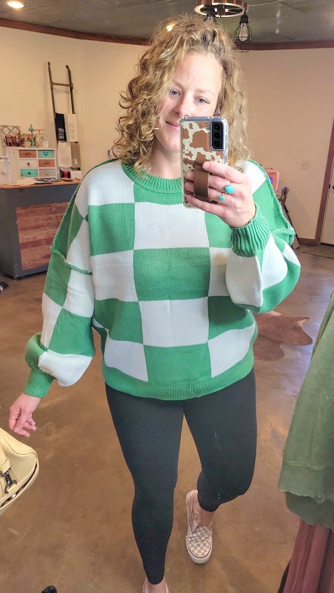 Checkered Oversized Crew Neck Knit Sweater - Green