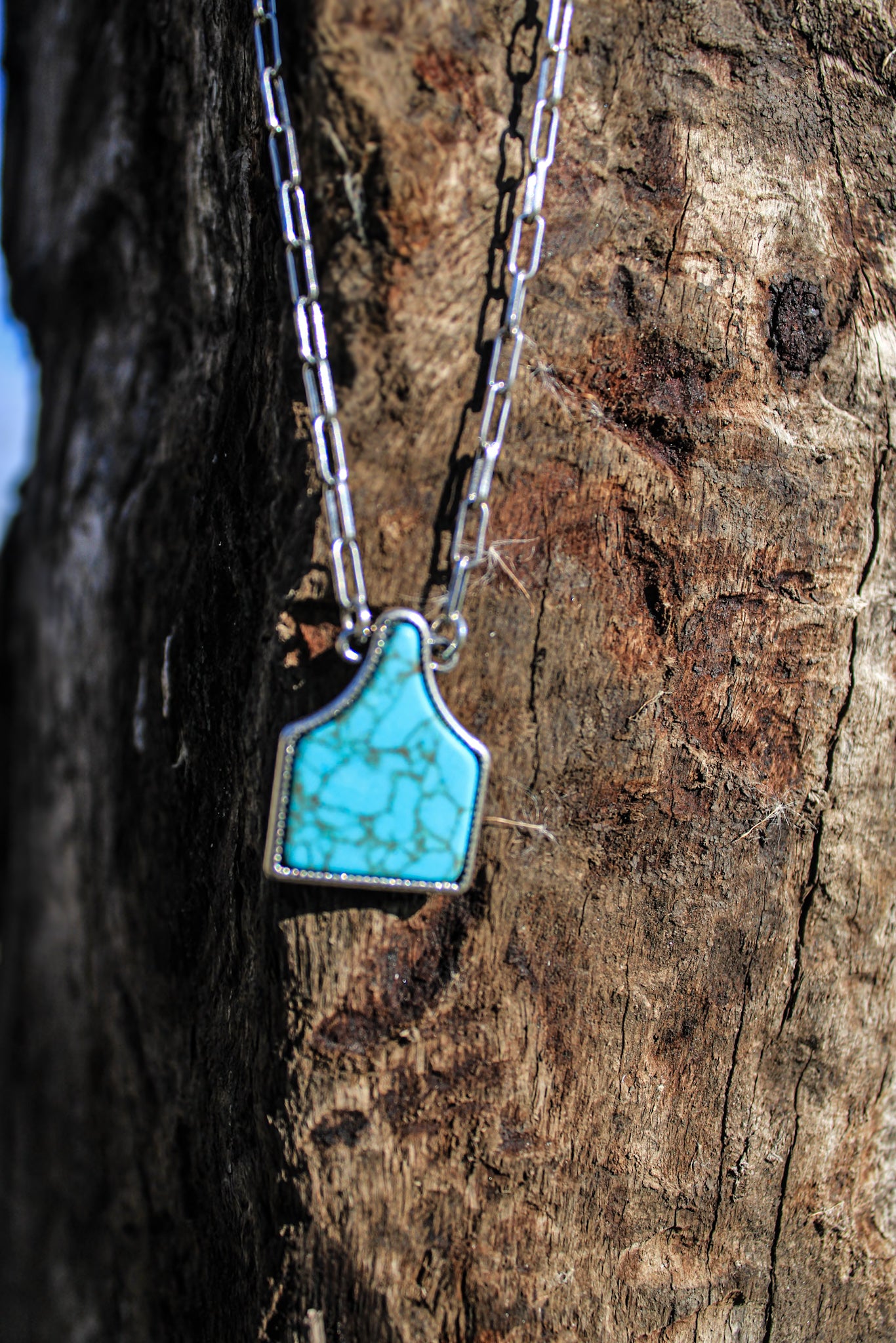 Turquoise cow tag pendant necklace with silver chain