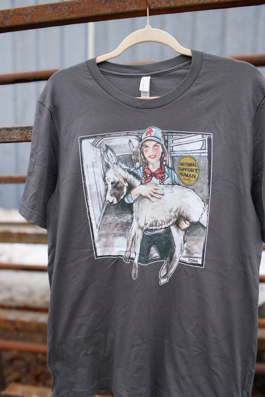 Emotional Support Human tee from XOXO Art & Co. Girl holding baby donkey