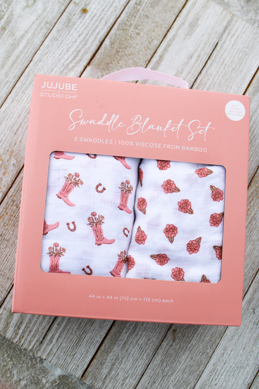 Swaddle blanket set for baby girl 2 pack - cowboy boots with floral and horseshoes and roses
