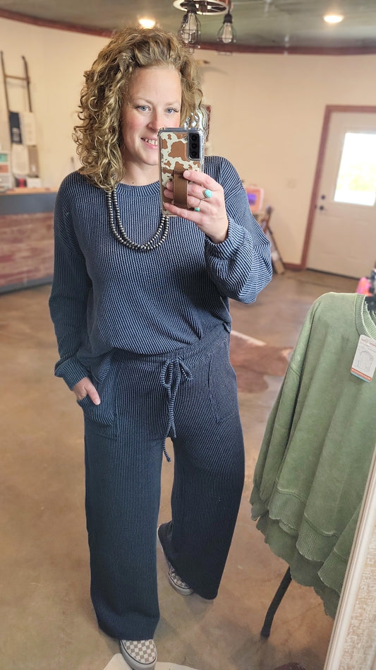 Raised Rib Pullover and Pants Set - Navy