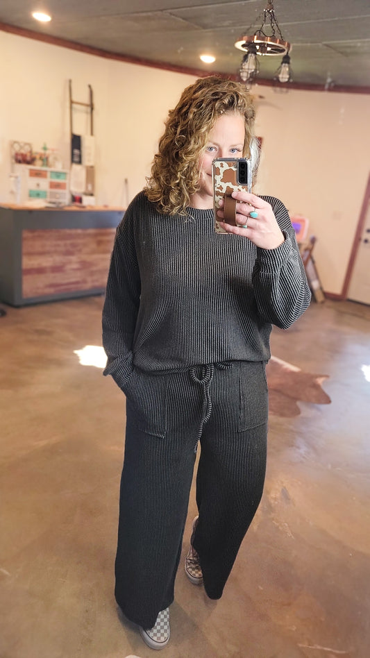Raised Rib Pullover and Pants Set - Charcoal