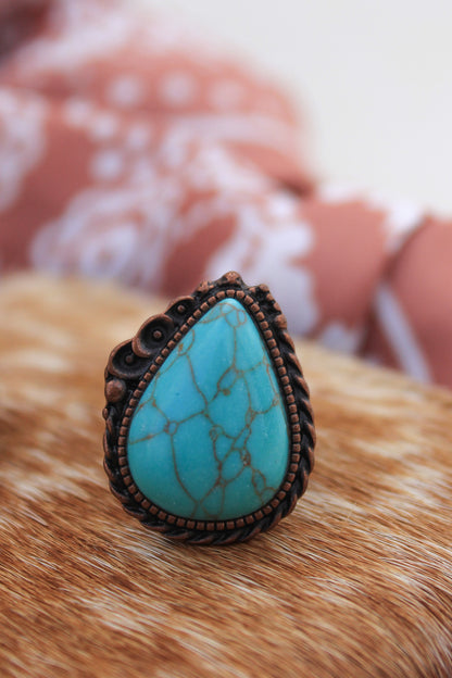 Turquoise Teardrop Adjustable Ring - Copper