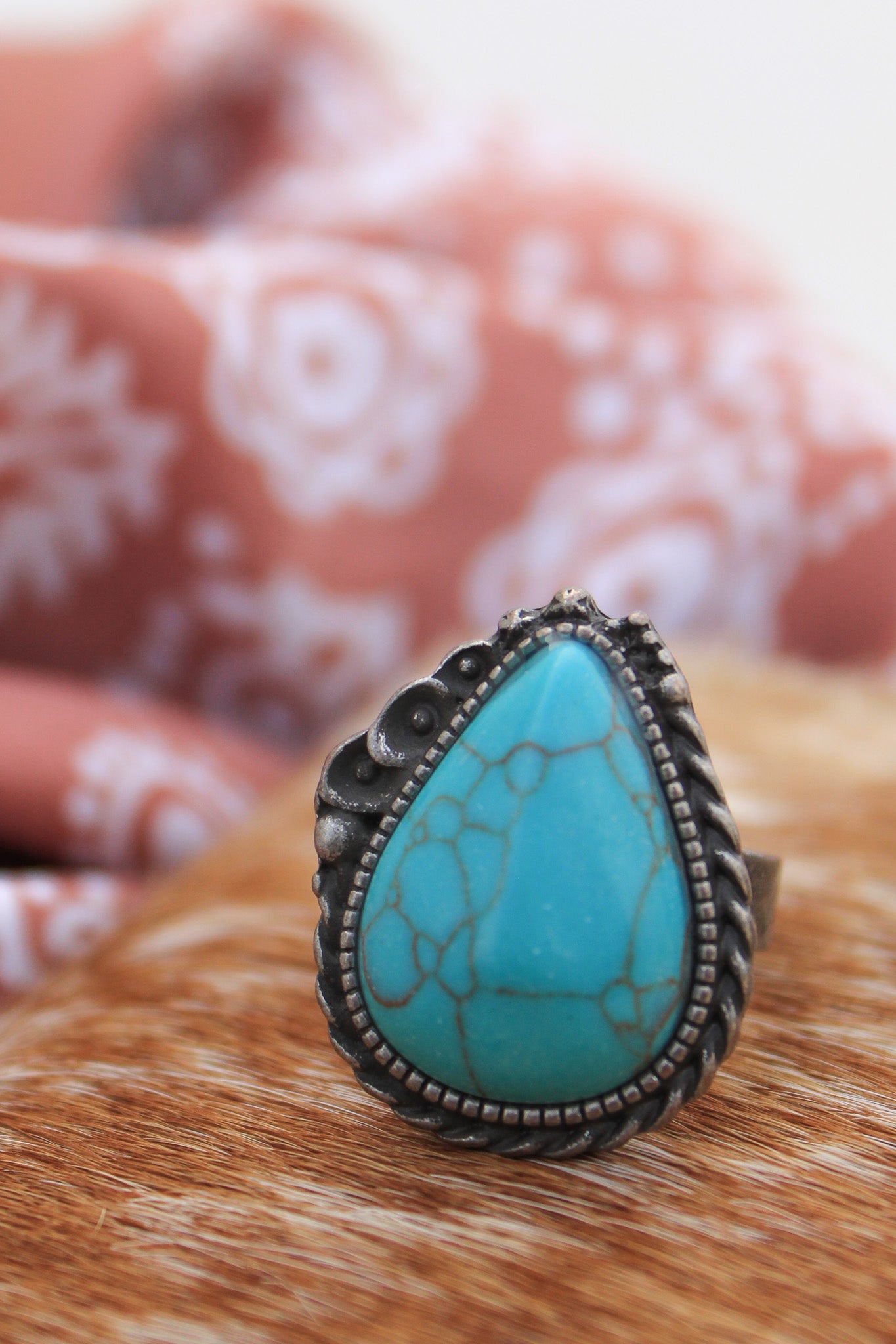 Turquoise Teardrop Adjustable Ring- Silver