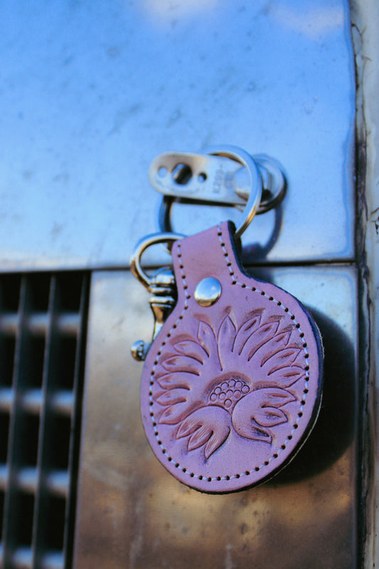 Tooled Leather/ Cowhide Round Keychain - Pink