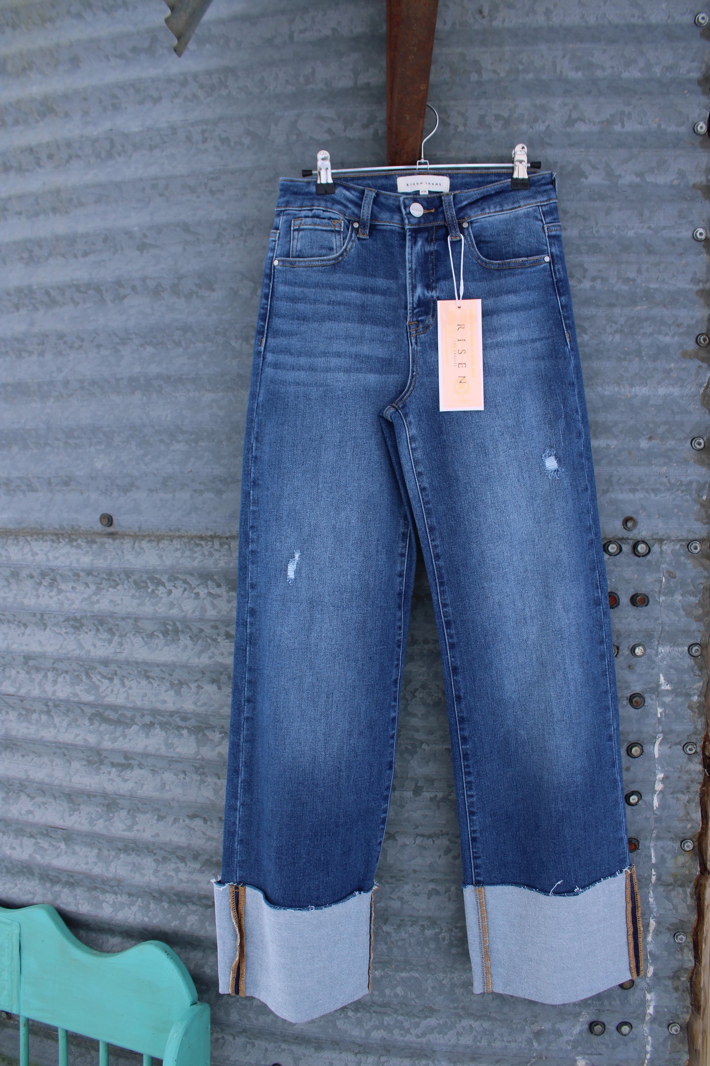 Risen High Rise Wide Leg Cuffed Jeans