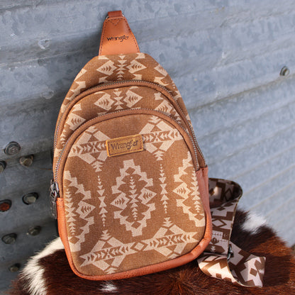 Wrangler Southwestern Print Canvas Sling Bag - Brown
