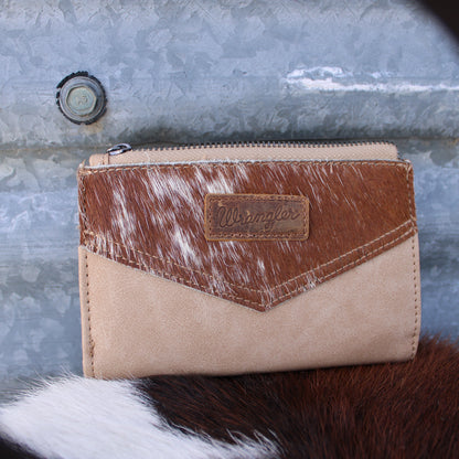 Wrangler Genuine Hair-On Cowhide Card Holder Bi-Fold Wallet - Beige