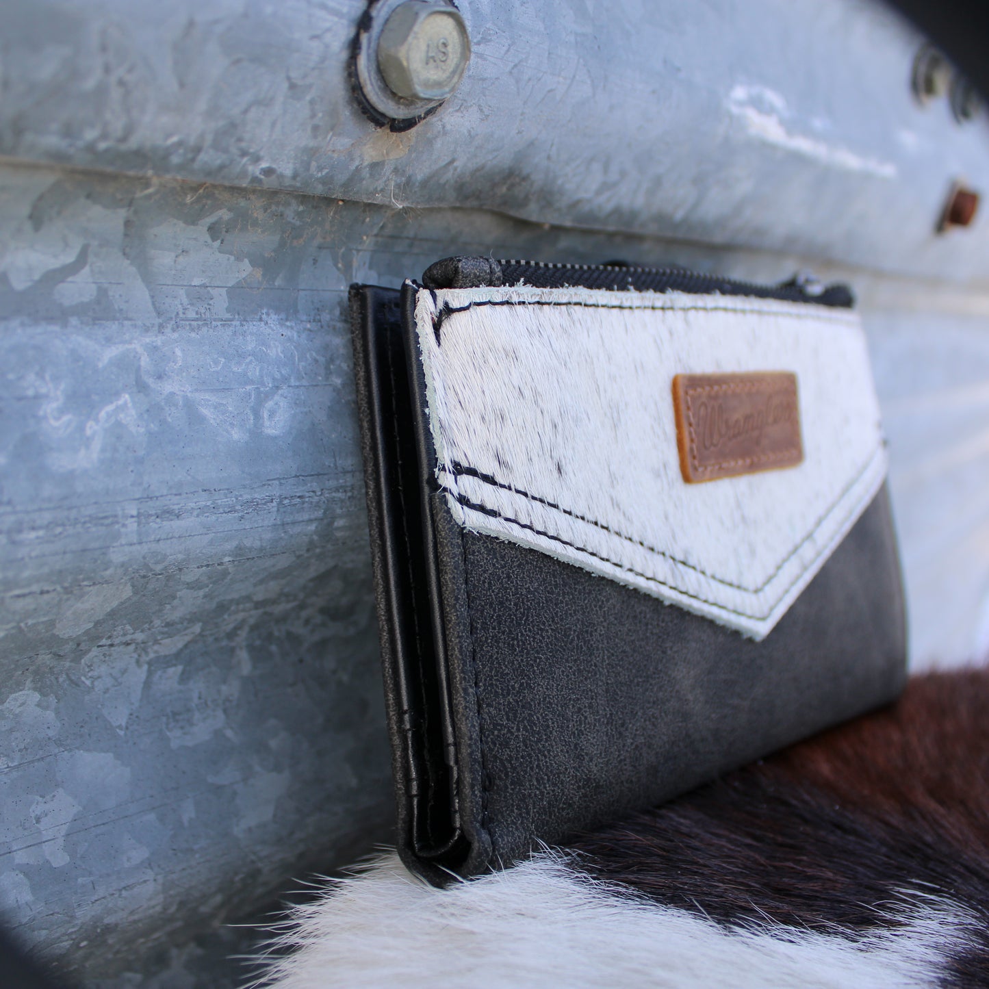 Wrangler Genuine Hair-On Cowhide Card Holder Bi-Fold Wallet - Black
