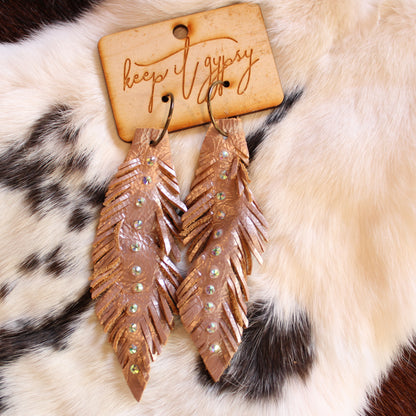 Rose Gold Leather Feather Earrings