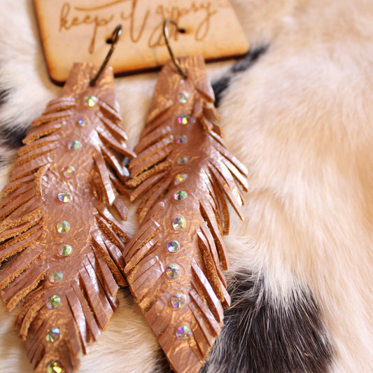 Rose Gold Leather Feather Earrings