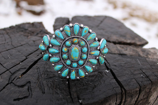 Turquoise Cuff bracelet with yellow flecks 2.5 width pendant 